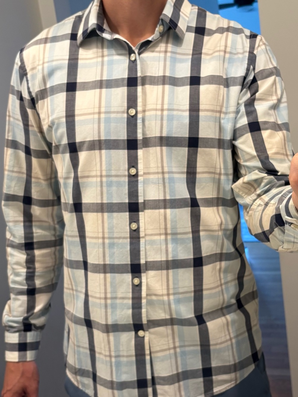 Express Extra Slim Men's Plaid Button-Down Shirt in Light Blue, Navy, and Cream